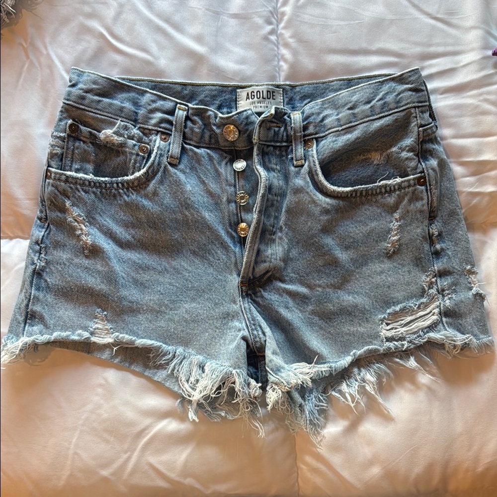 Agolde Blue Distressed Jean Shorts with Frayed Hem Buttonfly Cutoffs Size 26